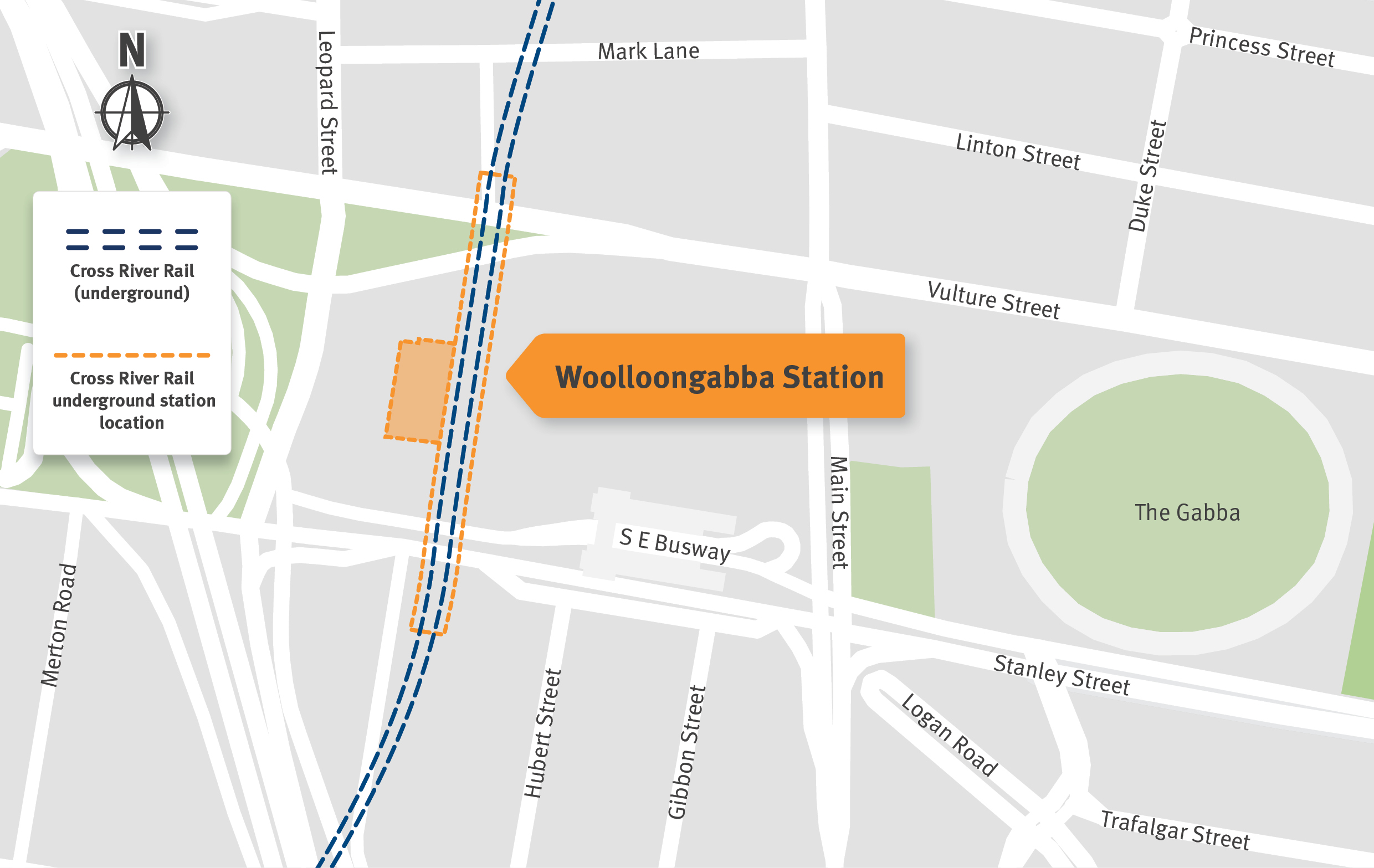 Map indicating the new underground Woolloongabba Station