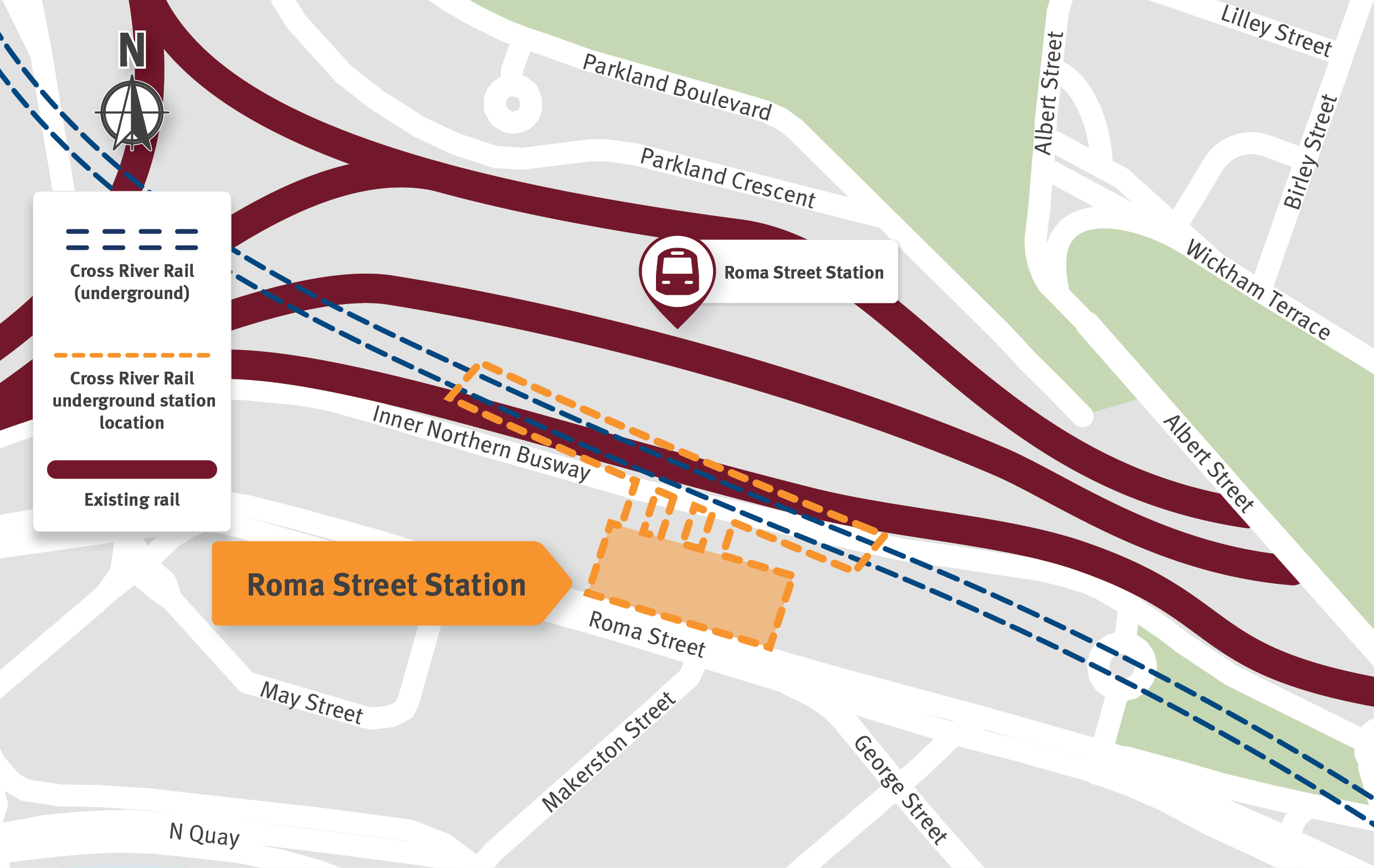 Map indicating the new underground Roma Street Station