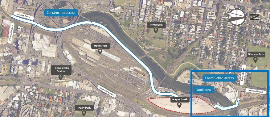 map of Mayne Yard with a blue box on the northern end showing where works will occur.