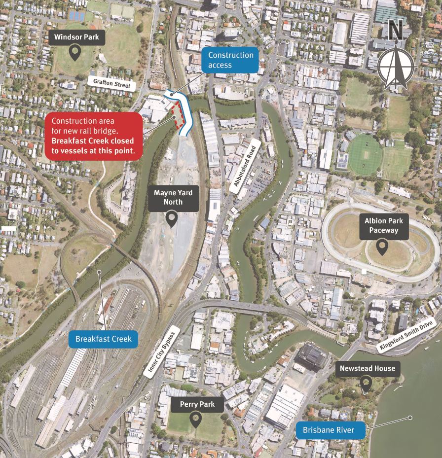 Map of Breakfast creek works occurring between Mayne Yard and the Albion train station.