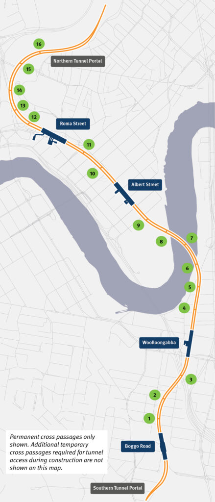 Cross River Rail alignment showing cross passages 1 to 16. Does not include temporary cross passages