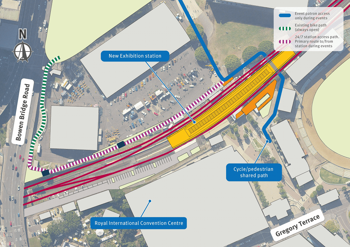 Map of preferred pathways (shared) for cyclists to and through Exhibition Station.