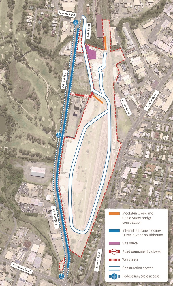 Map of work areas, construction access, and cyclist and pedestrian access on Fairfield Road, Yeerongpilly.