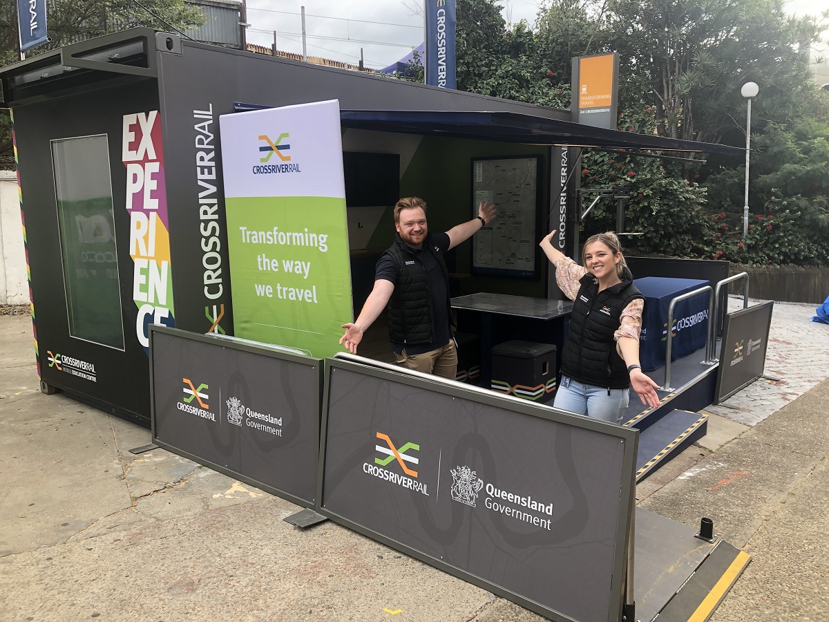 Cross River Rail workers at the Ekka stand.