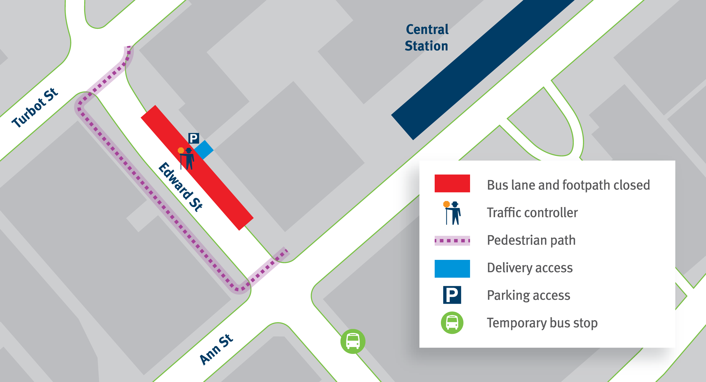 Map of work location and detour routes along Edward Street.