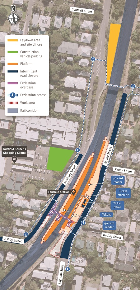 Map of Fairfield station works areas in December 2022 and January 2023.