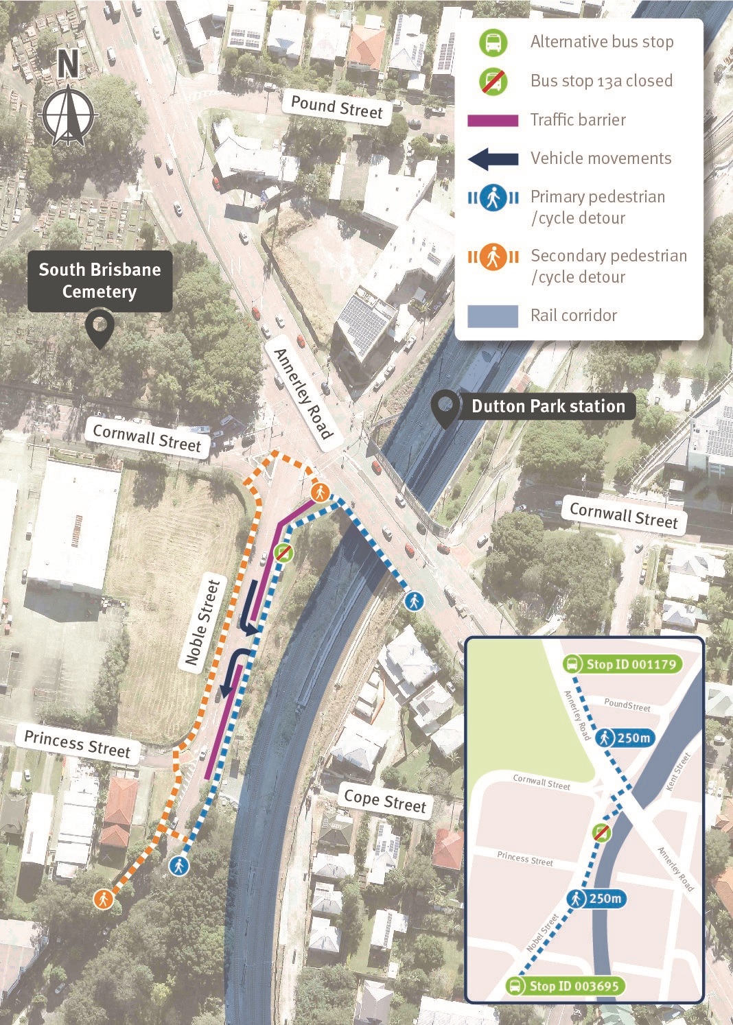 Noble Street bus stop closure and alternative bus stop locations (stop ID 003695 and stop ID 001179).