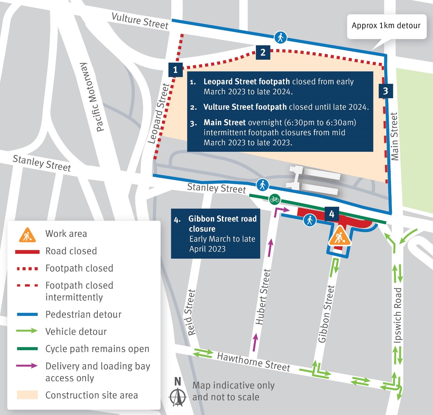 Temporary traffic and pedestrian changes as part of the new Woolloongabba station construction