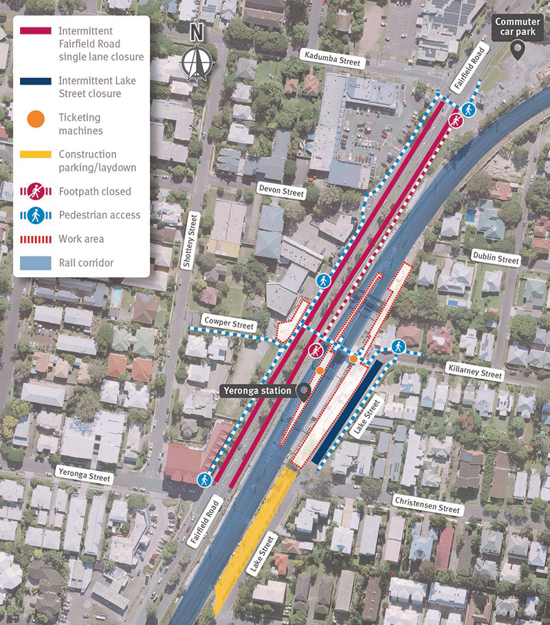 Map showing work areas, temporary traffic changes on Cowper Street/Fairfield Road and Lake Street, Yeronga and pedestrian movements around works.