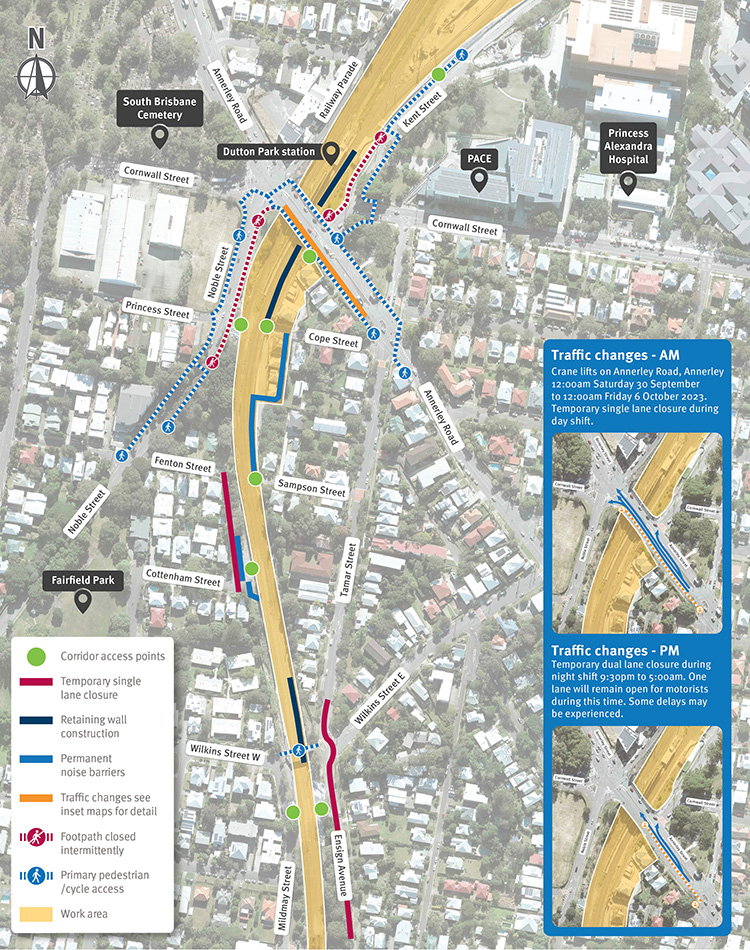 Rail corridor access points and pedestrian detours during August 2023 Access into the corridor will be via Annerley Road, Cope Street, Fenton Street, Noble Street, Kent Street, Sampson Street, Mildmay Street and Ensign Avenue. Traffic management will be set up to manage an increase is vehicle movements in these areas. Please follow the direction of traffic control and signage and allow for extra time to travel.