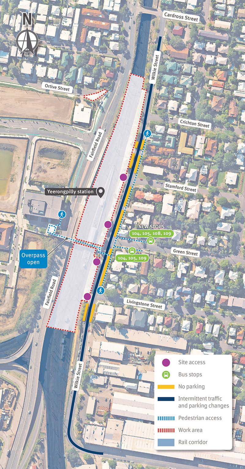 Map showing work areas at Yeerongpilly station, and intermittent traffic changes on Wilkie Street.