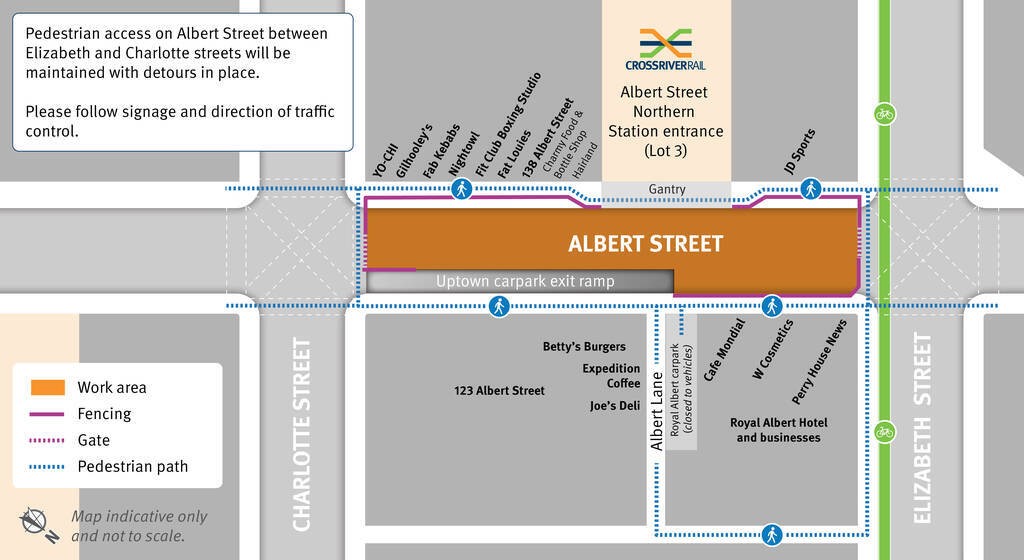 Map showing street closures around the ALbert Street station site.