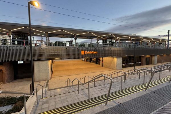 The new Exhibition station viewed from the concourse at RNA Showgrounds.