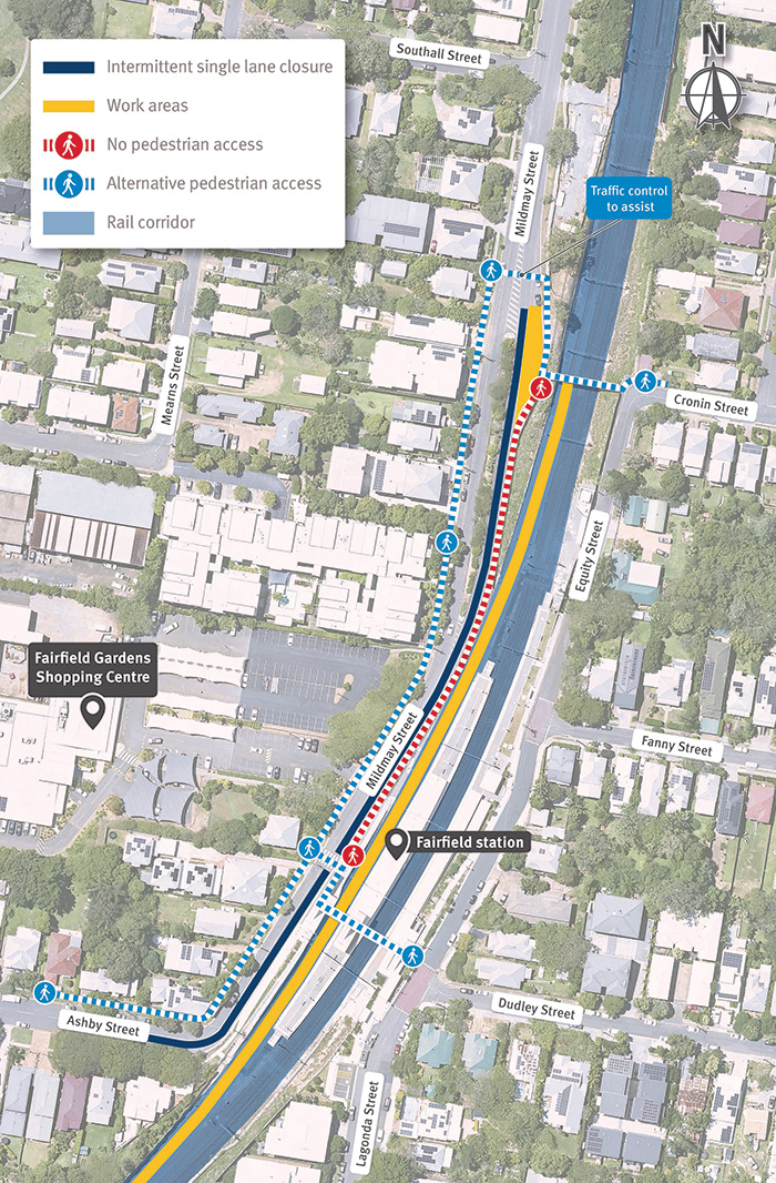 Map showing pedestrian detours around Fairfield station.