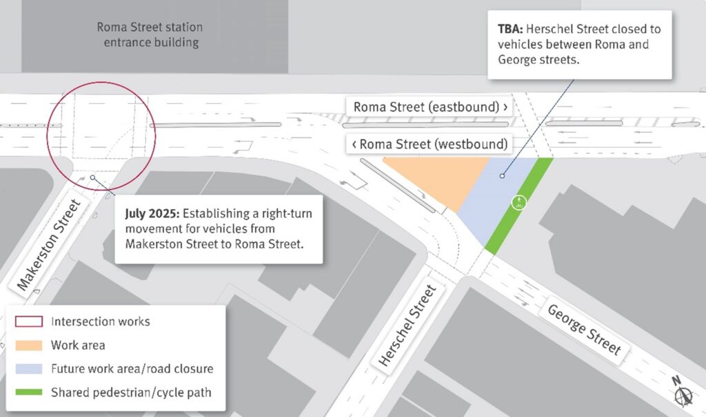 A map showing a new signalised right-turn movement for vehicles that will be available from Makerston Street onto Roma Street from mid July 2025.