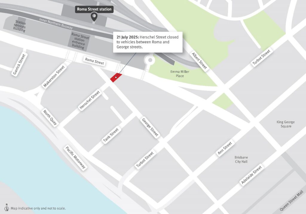 Herschel Street closed to vehicles between Roma and George streets from Monday 21 July 2025.