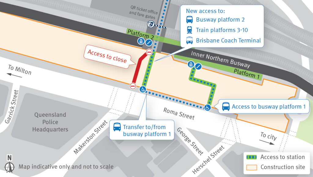 Map that shows the station access is moving east towards the city.