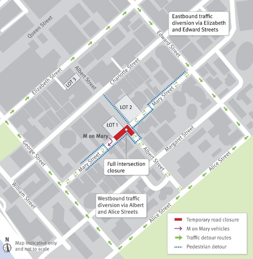 7pm Monday 21 July to 5am Tuesday 22 July 2025: Mary Street and Albert Street intersection temporary full closure.
