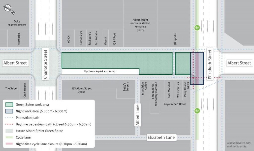 Green Spine work area and pedestrian and cycle changes.