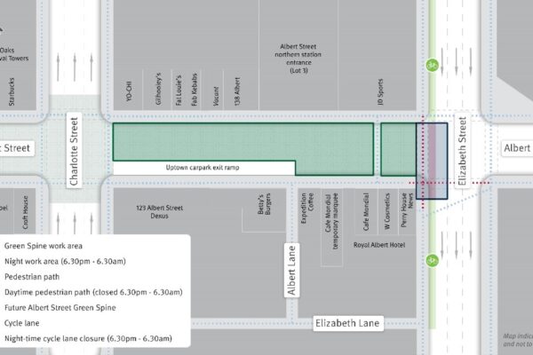 Green Spine work area and pedestrian and cycle changes.