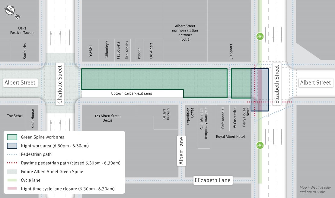 Green Spine work area and pedestrian and cycle changes.