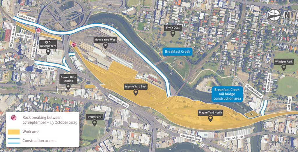 Map showing Mayne Yard work area and construction access points via Lanham Street and Mayne Road, Bowen Hills and Grafton Street, Windsor.