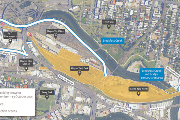 Map showing Mayne Yard work area and construction access points via Lanham Street and Mayne Road, Bowen Hills and Grafton Street, Windsor.