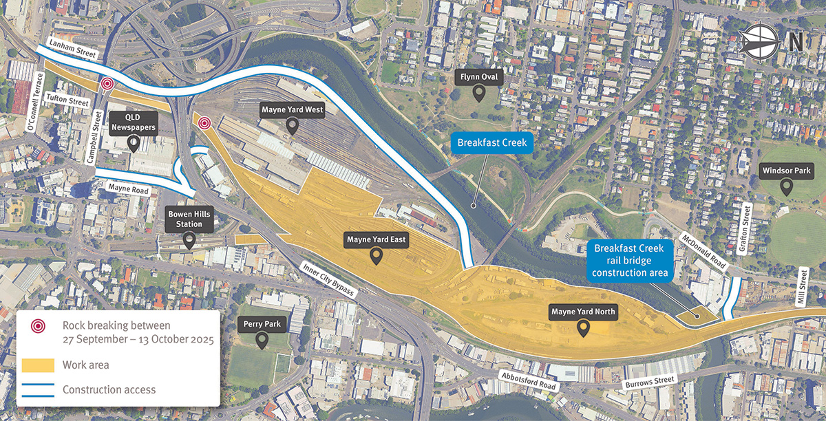 Map showing Mayne Yard work area and construction access points via Lanham Street and Mayne Road, Bowen Hills and Grafton Street, Windsor.