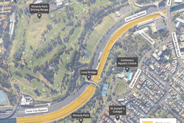 Map showing the work area within the Normanby rail corridor adjacent to the Inner City Bypass between College Road and the Victoria Park Land Bridge.