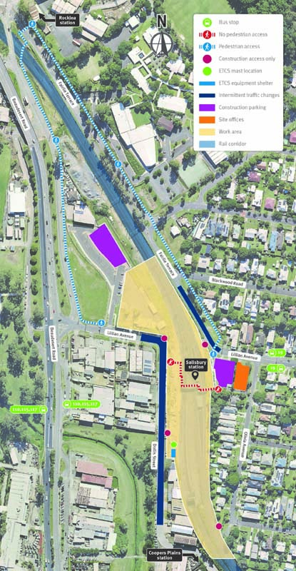 Map showing work areas, temporary traffic changes on Fairlie Terrace and Dollis Street, Salisbury