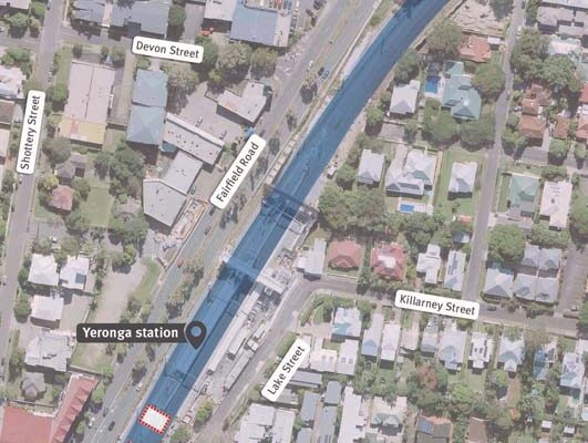 Map showing work areas around Yeronga station for August 2025.
