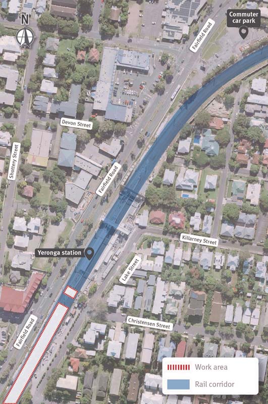 Map showing work areas around Yeronga station for August 2025.