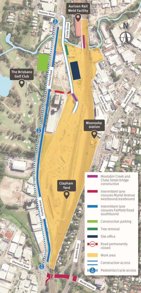 Map of work areas, construction access, cyclist and pedestrian access, and temporary traffic changes on Fairfield Road and Muriel Avenue, Yeerongpilly