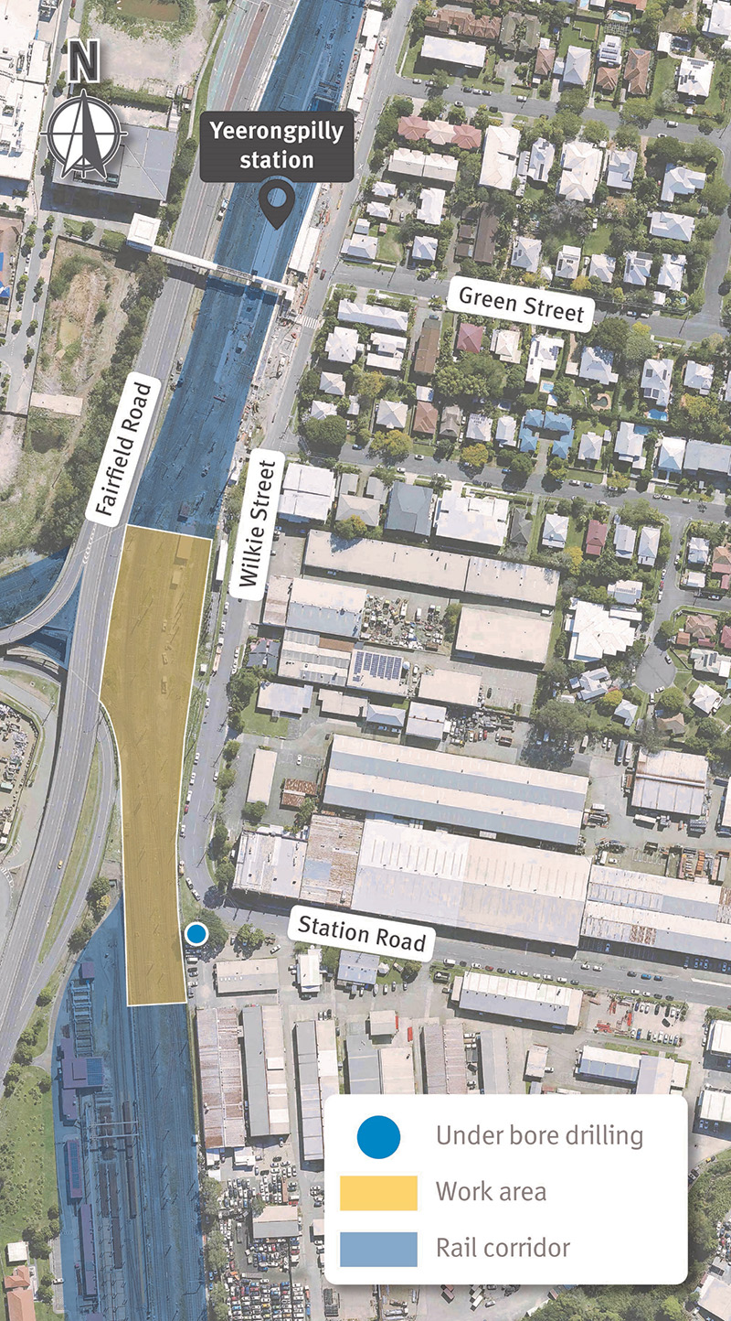 Map showing work areas in the Yeerongpilly rail corridor.