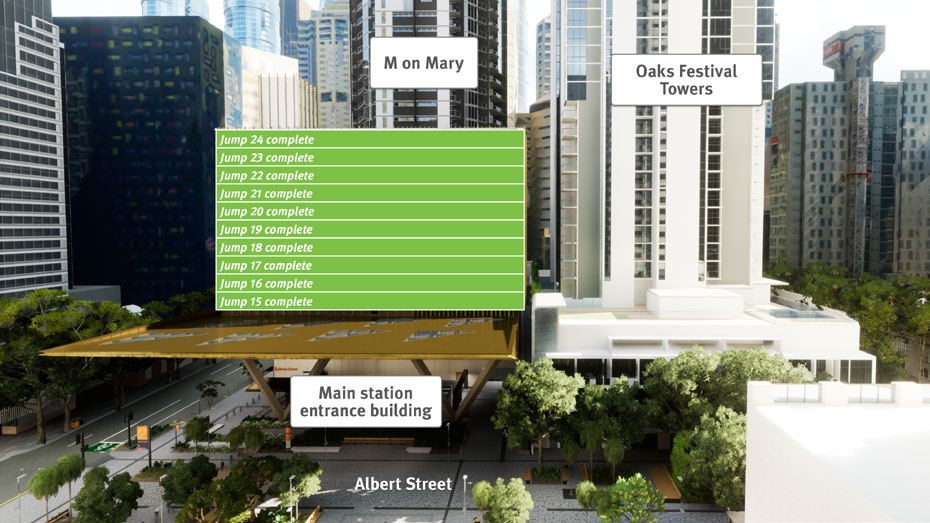 Graphic showing that jumpform construction is now complete at Albert Street station.