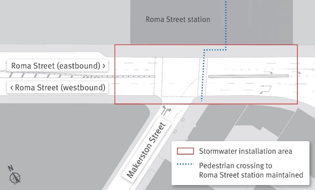 Map of stormwater work area indicative only – work area may expand further on Roma Street pending access requirements.