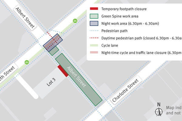Map showing pedestrian detour during intermittent closures outside the northern station entrance (Lot 3).