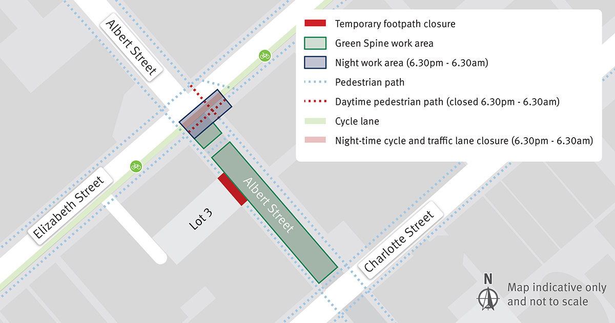 Map showing pedestrian detour during intermittent closures outside the northern station entrance (Lot 3).