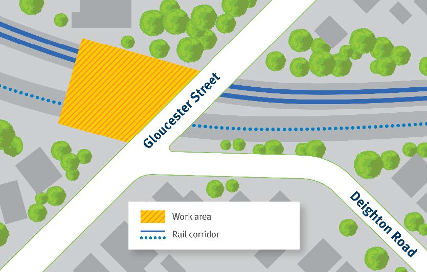Map showing the works aread in the rail corridor under Gloucester street.