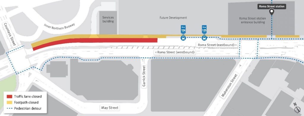 Map of footpath construction at ROma Street from September to November 2025.