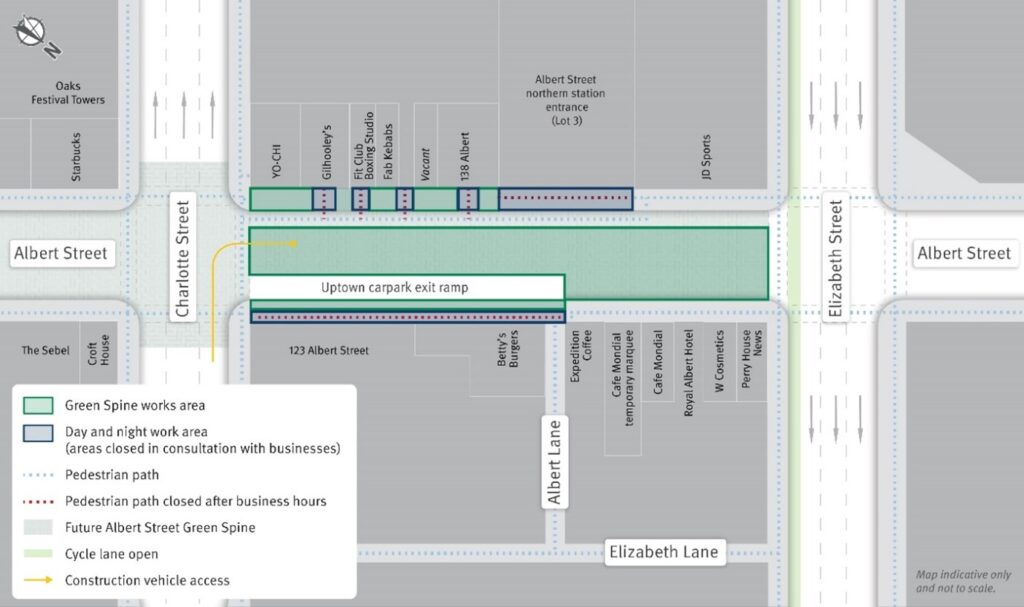 Map of Green Spine work area showing Albert Street, Charlotte Street, and Elizabeth Street with pedestrian path changes marked.