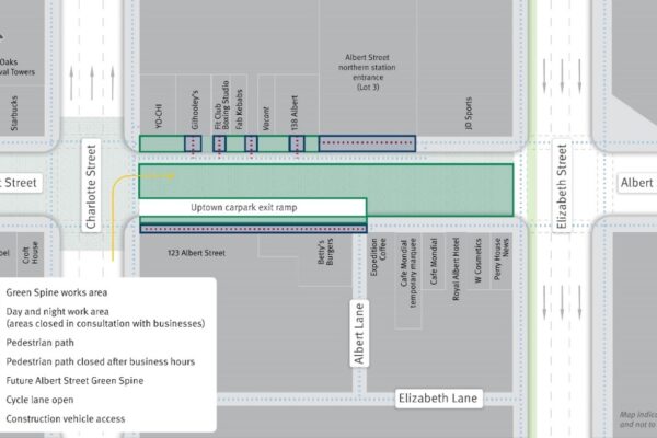 Map of Green Spine work area showing Albert Street, Charlotte Street, and Elizabeth Street with pedestrian path changes marked.