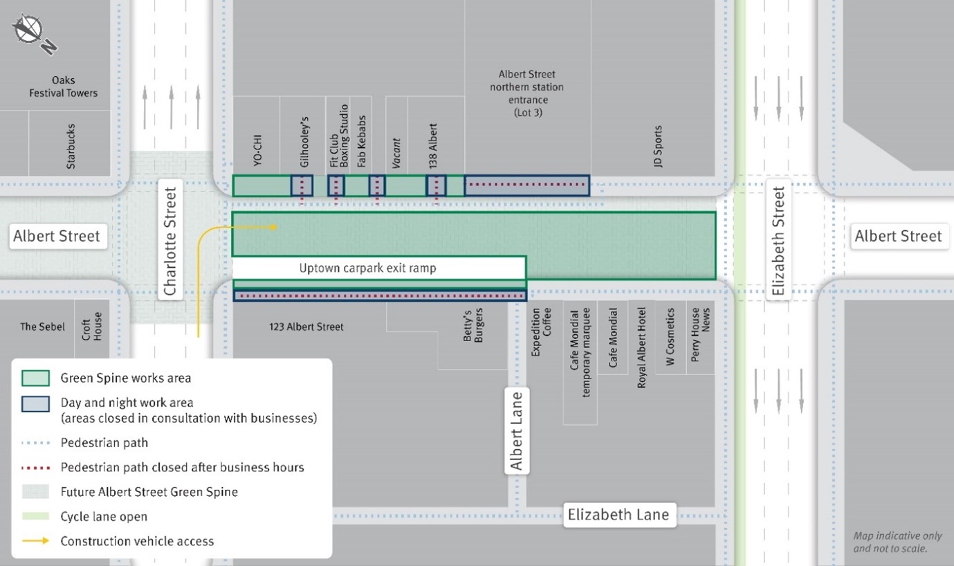 Map of Green Spine work area showing Albert Street, Charlotte Street, and Elizabeth Street with pedestrian path changes marked.
