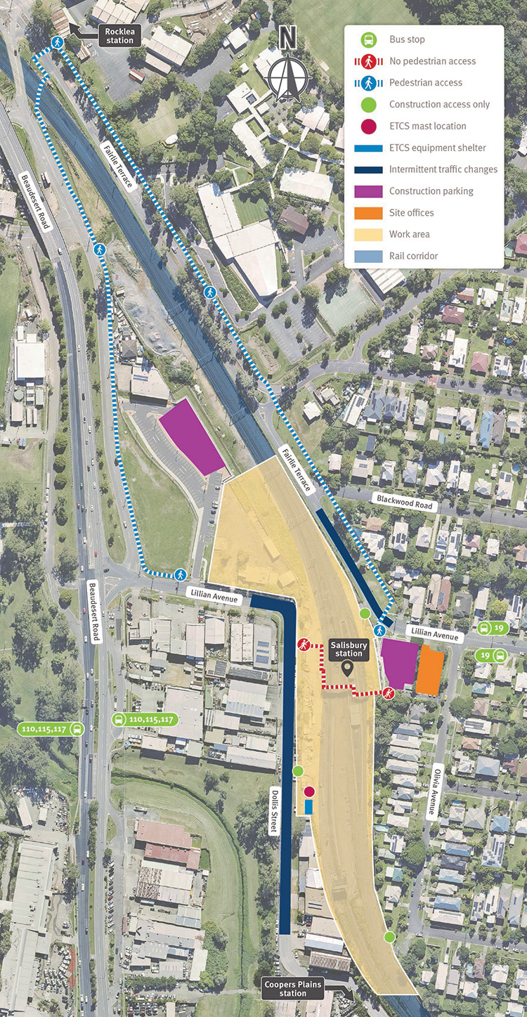 Map showing work areas and temporary traffic changes on Fairlie Terrace and Dollis Street, Salisbury