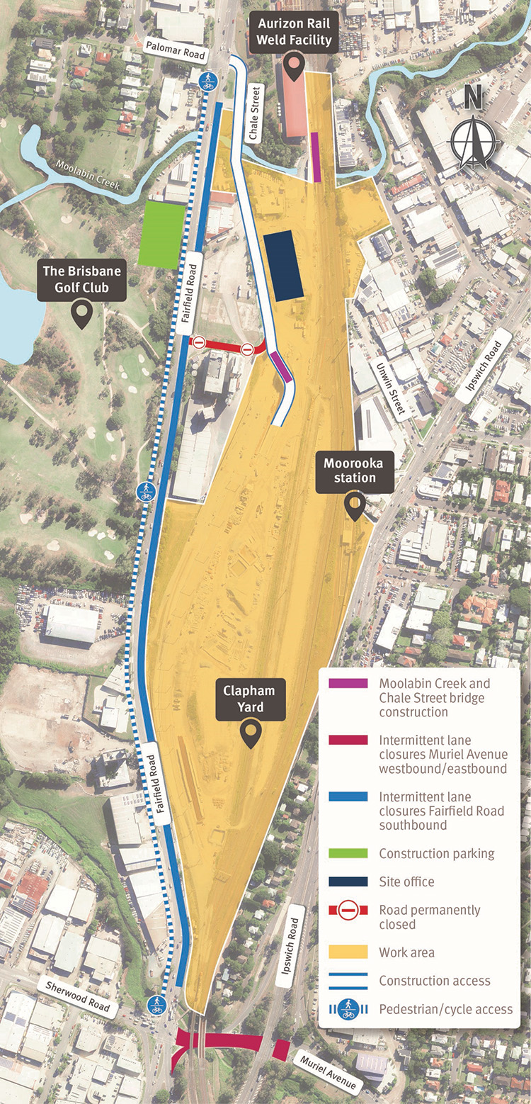 Map of work areas, construction access, cyclist and pedestrian access, and temporary traffic changes on Fairfield Road and Muriel Avenue, Yeerongpilly