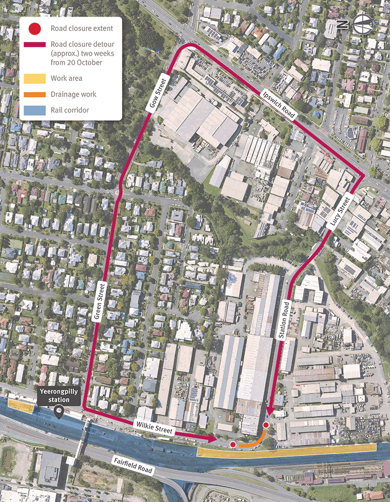 Map showing work areas near Yeerongpilly station and temporary traffic changes on Wilkie Street / Station Road, Yeerongpilly.