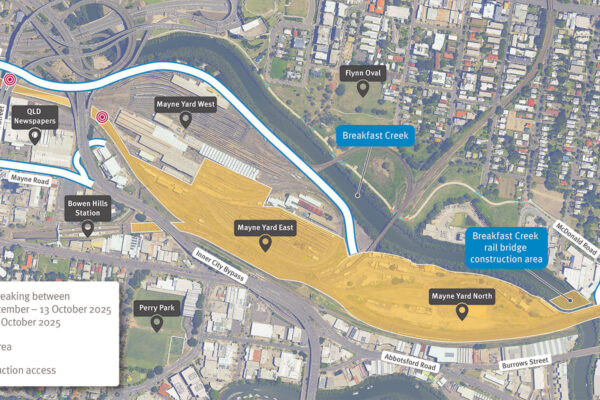 Map showing Mayne Yard work area and construction access points via Lanham Street and Mayne Road, Bowen Hills and Grafton Street, Windsor.