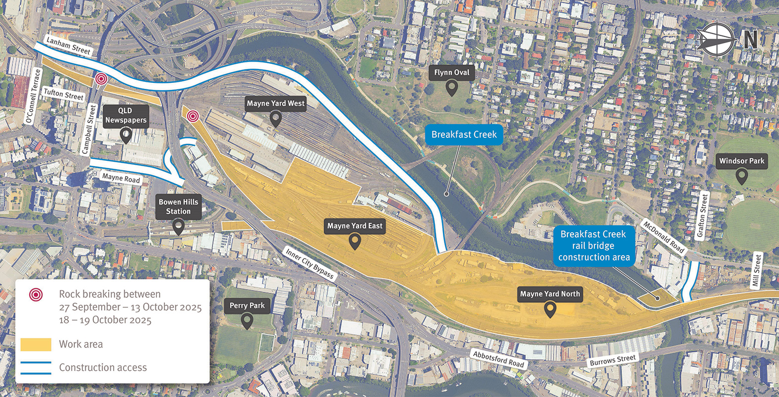 Map showing Mayne Yard work area and construction access points via Lanham Street and Mayne Road, Bowen Hills and Grafton Street, Windsor.