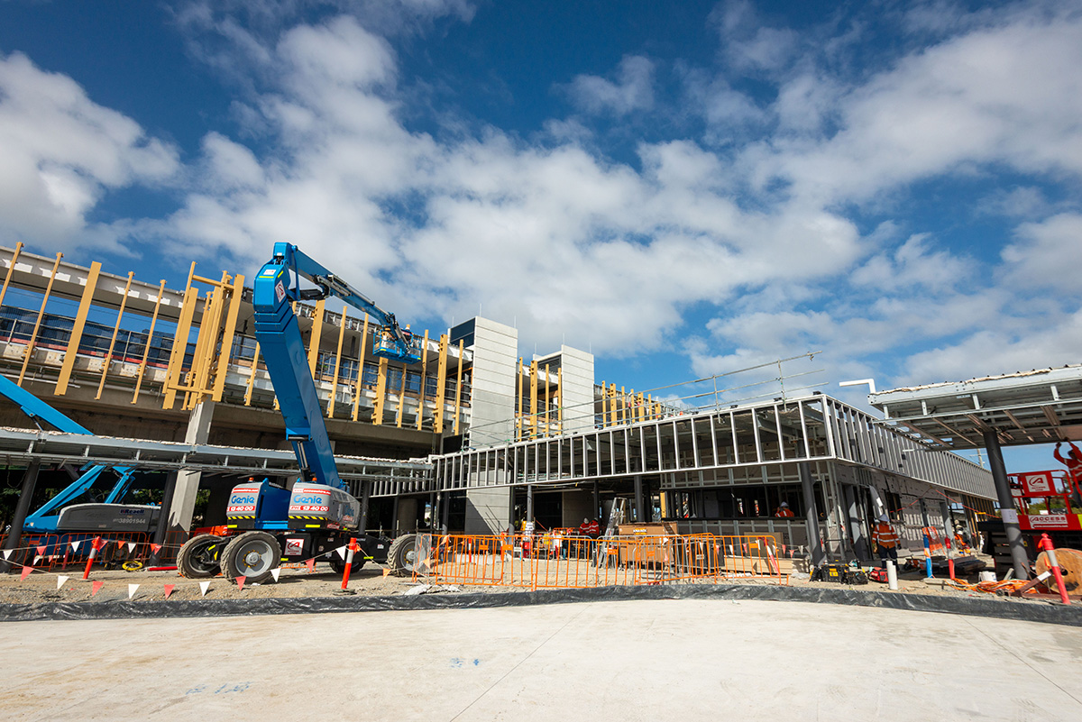 Station building and platform construction underway at Hope Island station.