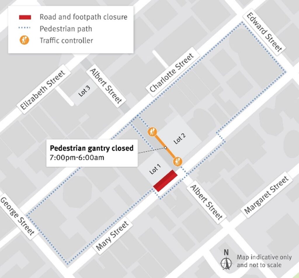 Albert Street pedestrian gantry temporary night-time closures and daytime stoppages.
